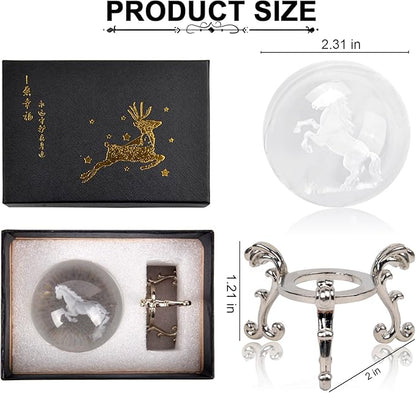 Crystal Ball Glass Globe Decor - Chinese Horse Sphere with Stand & Gift Box, Clear Decorative Globe, 3D Crystal Ball for Home Decor Photography, Gazing Divination Fengshui Meditation, 2.3 inch/60mm