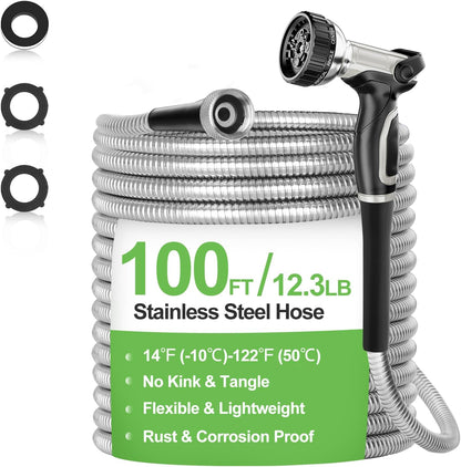 Garden Hose Metal 100 ft, Stainless Steel Water Hose with Upgrage Aluminum Nozzles, Flexible | Heavy Duty | Lightweight | No Kink | Anti-Bite Hose for Yard,RV Park, Outdoor Watering