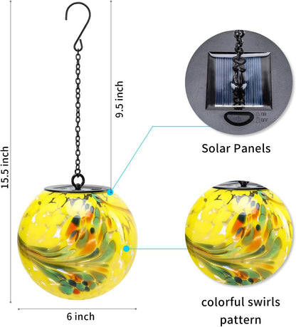 VCUTEKA Solar Hanging Lanterns Outdoor Decoration, Glass Solar Lights with Hook Up, Solar Garden Gazing Ball Light for Yard, Tree and Patio Decor, Yellow