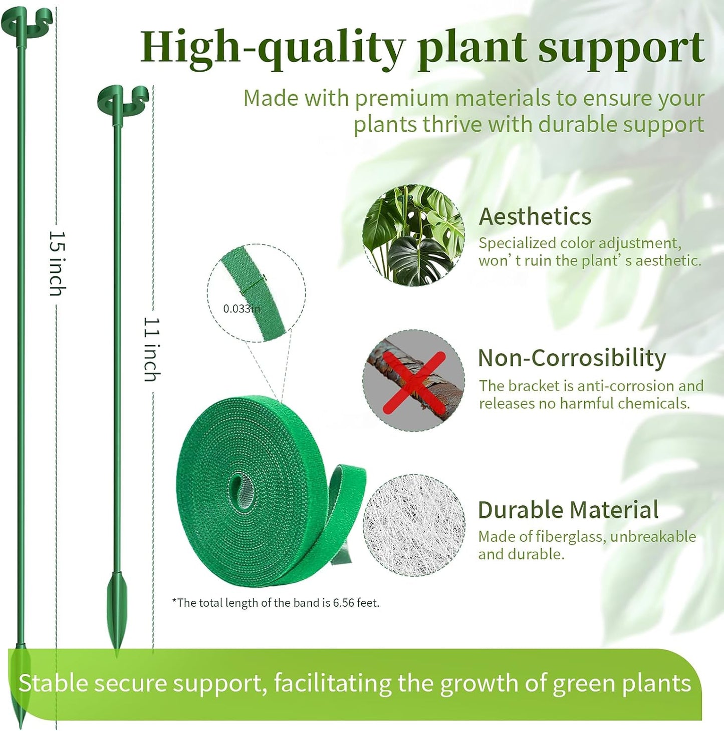 Fiberglass Plant Stakes 15-Pack - 10.8" & 14.6" Plant Support Sticks for Potted Plants, Veggies & Vines | Adjustable Stem Clips | Garden Stake for Tomatoes, Cucumbers, Climbing Flowers