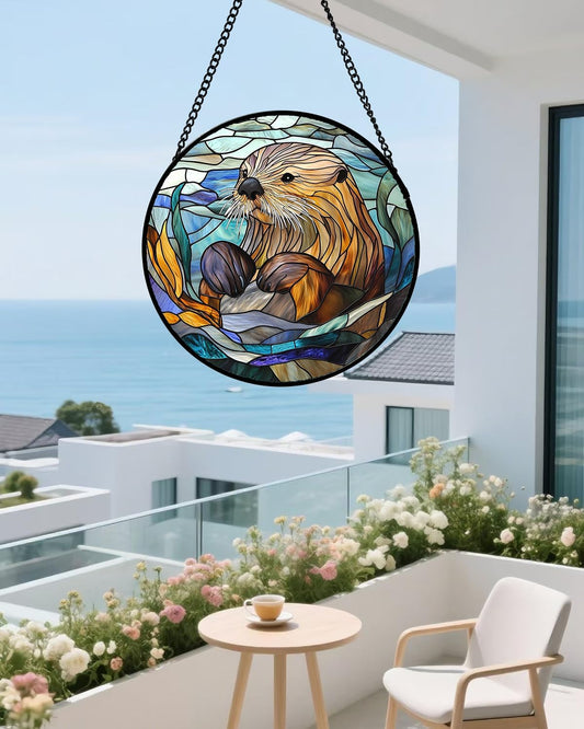 Stained Glass Suncatcher, Blue Ocean Cute Sea Otter Sun Catcher Stain Glass Window Hanging