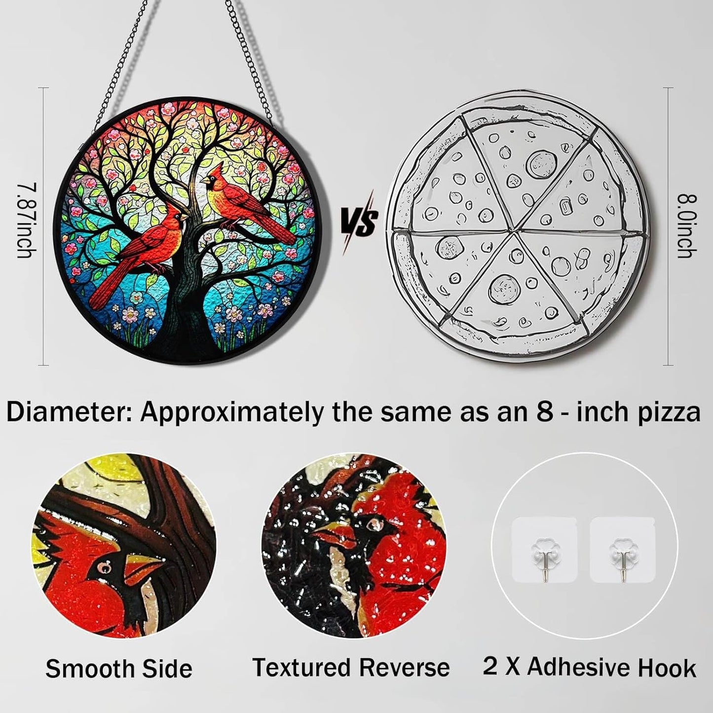 Sun Catcher Indoor Window with Tree of Life & Cardinals - 7.87" Round Stained Glass Suncatchers for Windows Hanging, Red Bird Stain Glass Art Panel for Wall/Garden Decor, Cardinal Gifts for Women