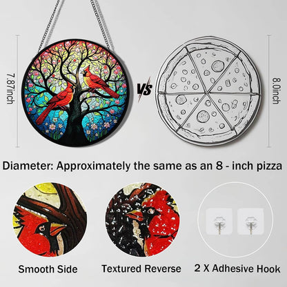 Sun Catcher Indoor Window with Tree of Life & Cardinals - 7.87" Round Stained Glass Suncatchers for Windows Hanging, Red Bird Stain Glass Art Panel for Wall/Garden Decor, Cardinal Gifts for Women