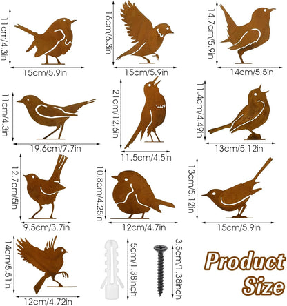 DIVINA VITAE 10Pcs Rusty Birds Decoration Lifelike Metal Birds Yard Art Simulation Bird Statue Yard Garden Decor for Outdoor Sculptures Art Fence Decorations