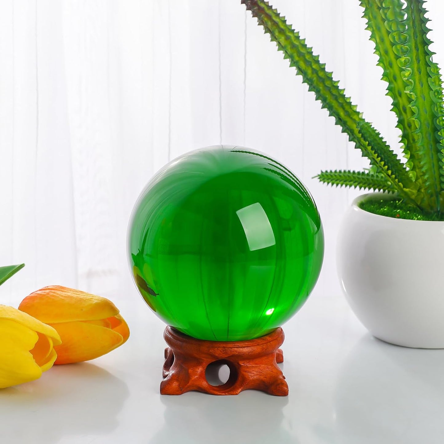 Green Large Crystal Ball 100mm/3.9 inch with Rose Wooden Stand and Gift Box for lensball Photography,Fortune Teller,Feng Shui, Witchcraft Decor,Scrying,Magic,Quartz Crystal Orb Prop Glass Sphere