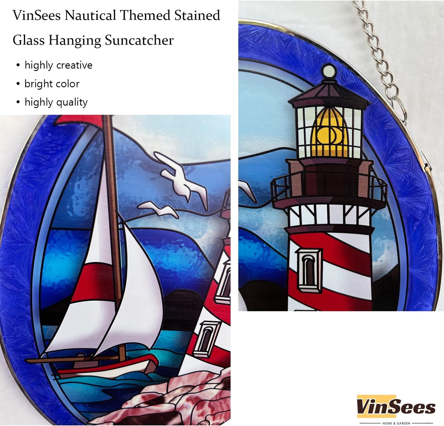 Pigeon Point Lighthouse Stained Glass Window Hanging, Suncatcher Home Decor with Chains, Suncatcher for Windows, Colorful Glass Ornament, Indoor Outdoor Home Decor Garden Decoration