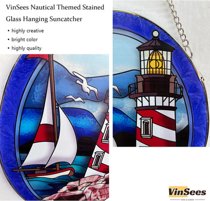 Pigeon Point Lighthouse Stained Glass Window Hanging, Suncatcher Home Decor with Chains, Suncatcher for Windows, Colorful Glass Ornament, Indoor Outdoor Home Decor Garden Decoration
