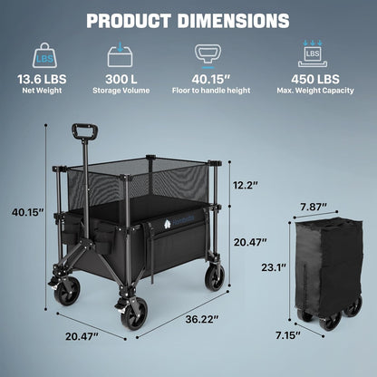 Adjustable Folding Wagon Cart, 150L–300L Expandable Capacity, 450LBS Heavy Duty Collapsible Utility Wagon with All-Terrain Wheels & Brake, Ideal for Beach, Camping, Garden & Outdoor Gear