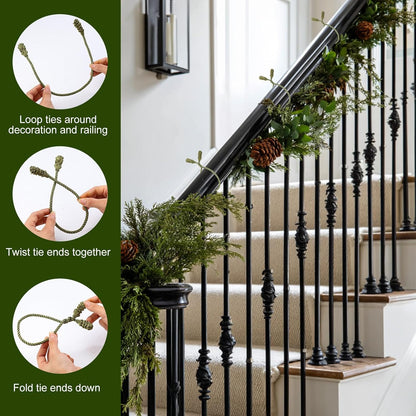 Shappy 24 Pieces Christmas Garland Banister Ties Christmas Decorative Reusable and Flexible Twist Ties for Garland, Banister Home Decoration (Olive Green)
