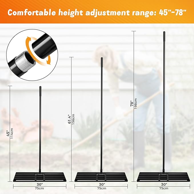 Lawn Leveling Rake 30''x10'' , Lawn Leveler Tool with 78'' Stainless Steel Handle Rakes, for Backyard, Garden, Golf Course, Farm, Pasture, Lawns Heavy Duty Landscape Rake