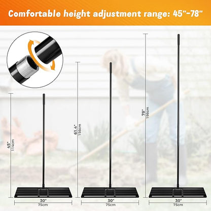 Lawn Leveling Rake 30''x10'' , Lawn Leveler Tool with 78'' Stainless Steel Handle Rakes, for Backyard, Garden, Golf Course, Farm, Pasture, Lawns Heavy Duty Landscape Rake