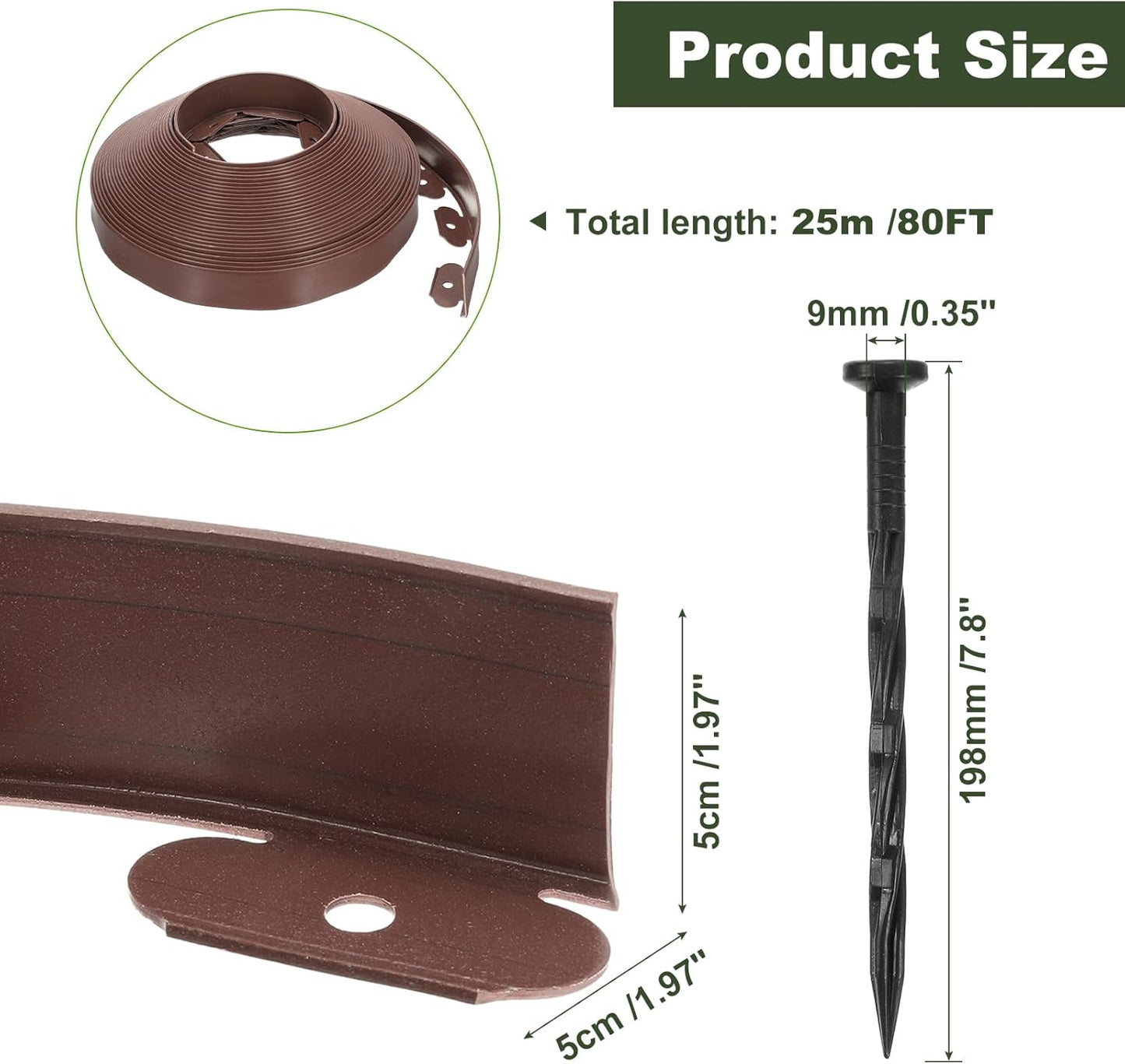 uxcell Landscape Edging, 1Pcs 80FT x 2" - No Dig Garden Edging Kit with 75 Stakes, Landscape Edging Border for Garden Lawn Flower Bed Yard Grass (Brown)