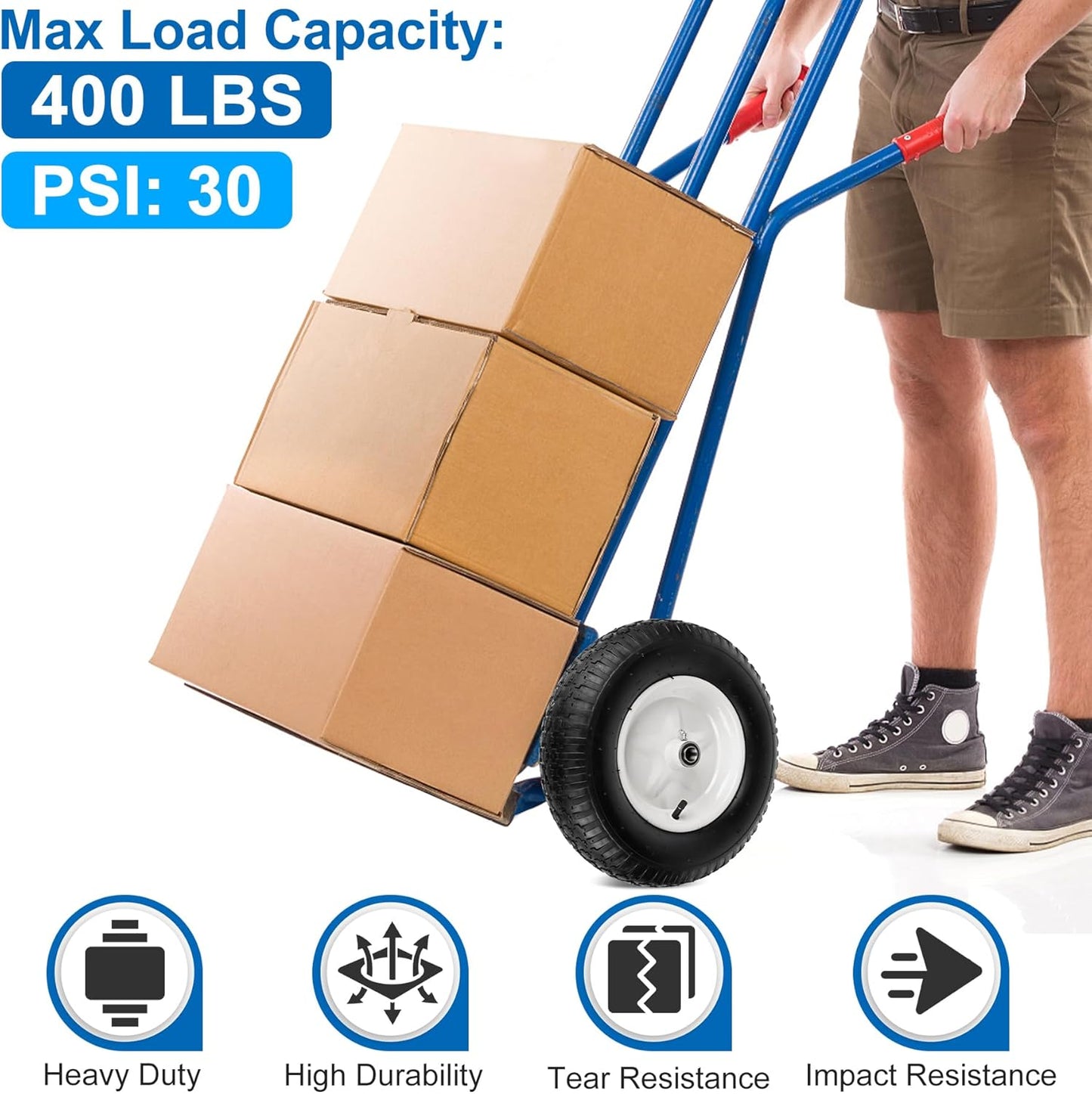 4.80/4.00-8" Wheelbarrow Tubed Tires and Wheels, 16" Universal Fit Pneumatic Tires with 3/4" or 5/8" Bearing, 3"-7" Hub, Adapter Kit Hand Truck Wheels Replacement for Garden Trailer, Wagons, 2 PCS
