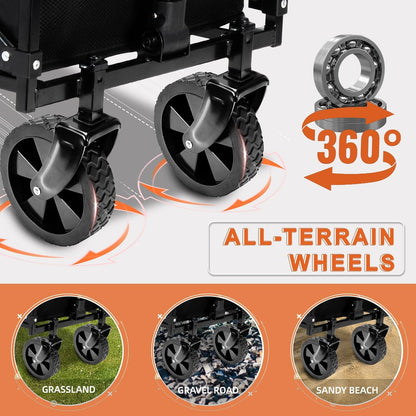 Collapsible Folding Wagon, 350lb Weight Capacity Collapsible Wagon with All-Terrain Wheels, Cup Holders and Adjustable Handle Utility Wagon, for Grocery Camping Garden Sports Shopping, Black