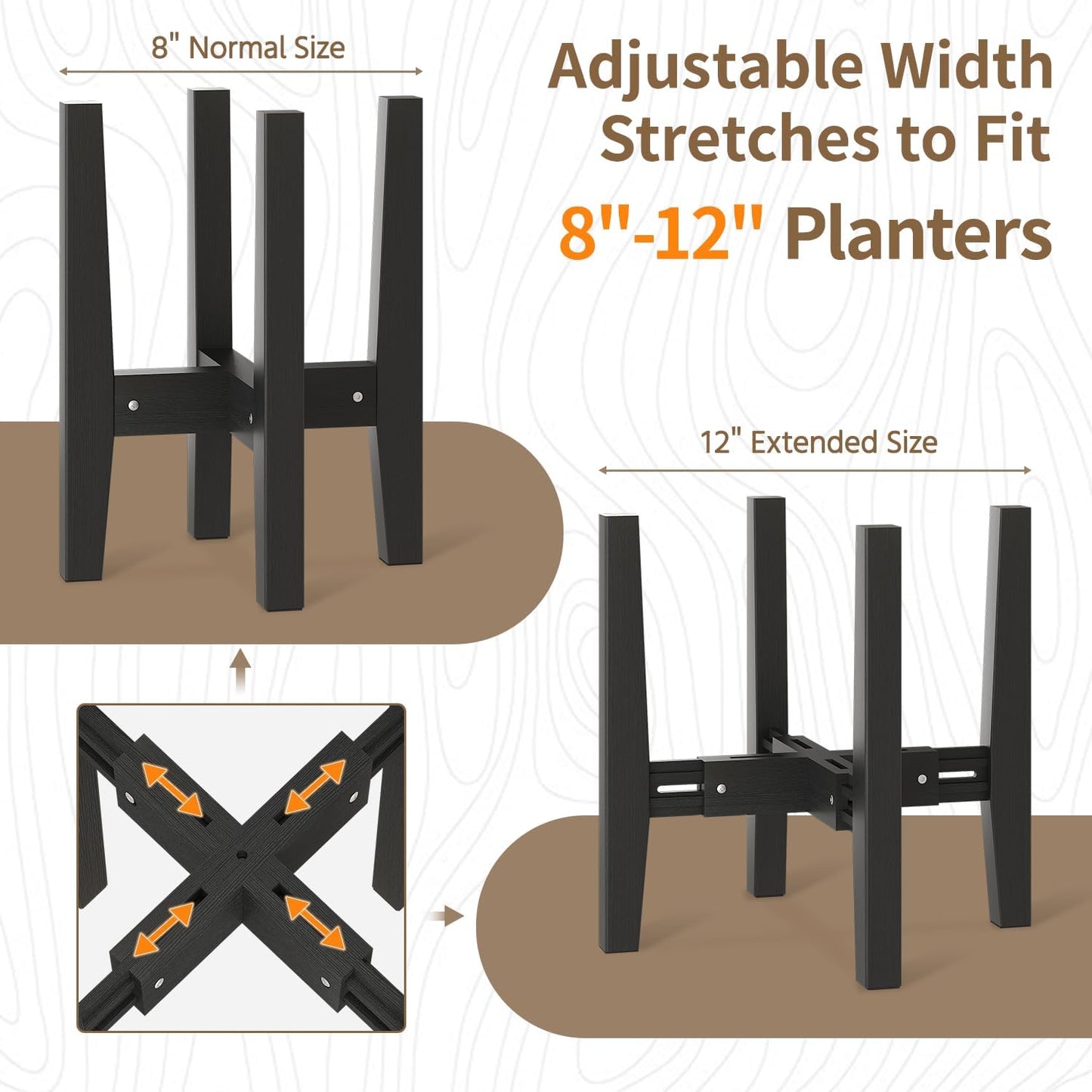 LASZOLA Bamboo Adjustable Plant Stand for Single Large Indoor Planters, Heavy Duty Floor Fern Holder Fits 8 to 12 Inch Pots, Mid Century Elevated Big Stool for Flower– Pot Not Included, Black, 1 Pack