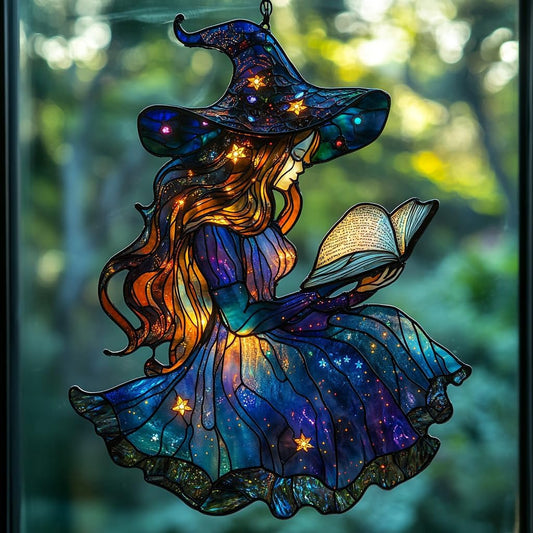 Cute Wizard Reading Books Acrylic Suncatcher Stained Glass Effect Window Car Hanging Christmas