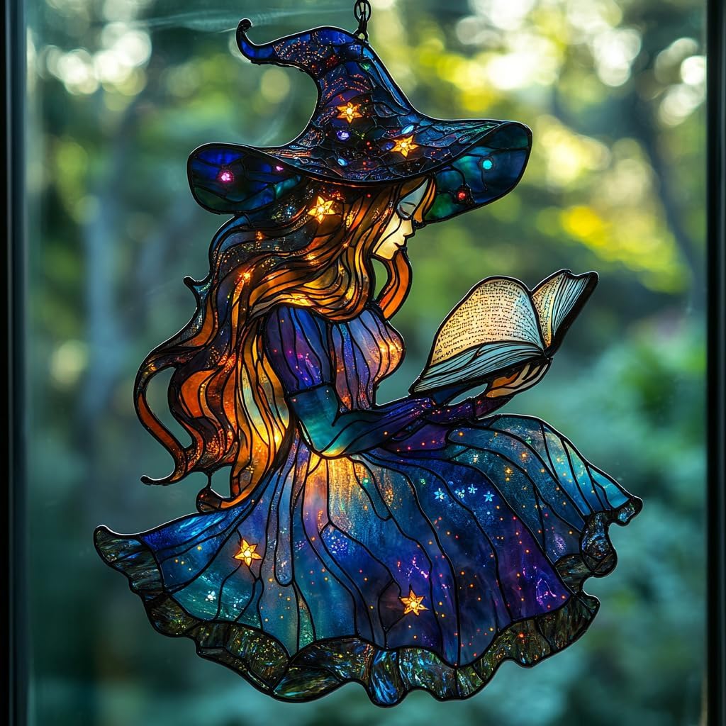 Cute Wizard Reading Books Acrylic Suncatcher Stained Glass Effect Window Car Hanging Christmas Ornament Indoor Outdoor Decor Garden Sun Catcher Panel for Book Lover for Women Mom Grandma