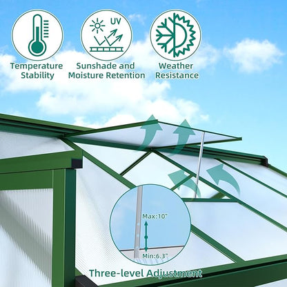 Garvee 6x10 ft Greenhouse - Aluminum Greenhouses for Outdoors, Large Polycarbonate Greenhouse with Roof Vent, Heavy Duty Walk-in Green Houses for Outside Garden, Backyard, Patio, Lawn, Easy Assembly