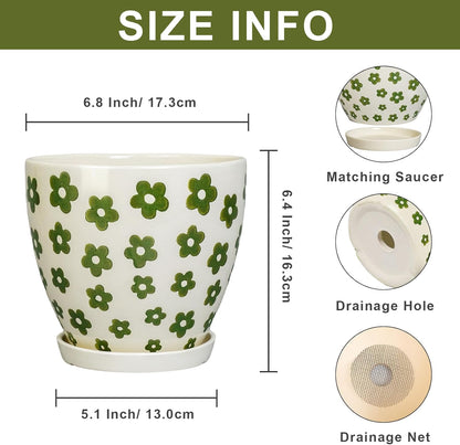 Ceramic Plant Pot - 6.8 Inch Ceramic Planter for Indoor Outdoor Plants, Boho Round Indoor Flower Pot with Drainage Hole and Saucer, Gifts for Plant Lovers, Home Garden Apartment Decor, White