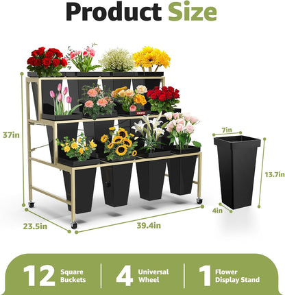 Flower Display Stand 3 Layers with 12 PCS Round Buckets, Plant Stand with Wheels, Movable Metal Plant Stand for Terrace Garden, Living Room, Florist Shop