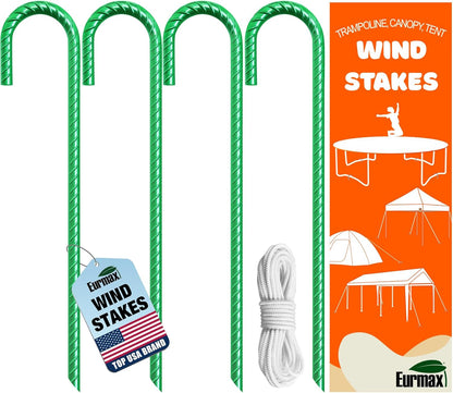 Eurmax USA Trampolines Stakes Heavy Duty Ground Stakes Canopy Parts Wind Stake with Rope 12 Inch Heavy Duty Stake Safety Ground Anchor Galvanized Steel J Shaped, Pack of 4(Green)
