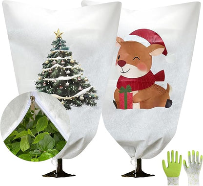 2-Pack Plant Covers Freeze Protection,23" W x 31" L Thick Frost Cloth with Christmas Element, Tree Wrap for Winter with Zipper Drawstring Protect Your Plants