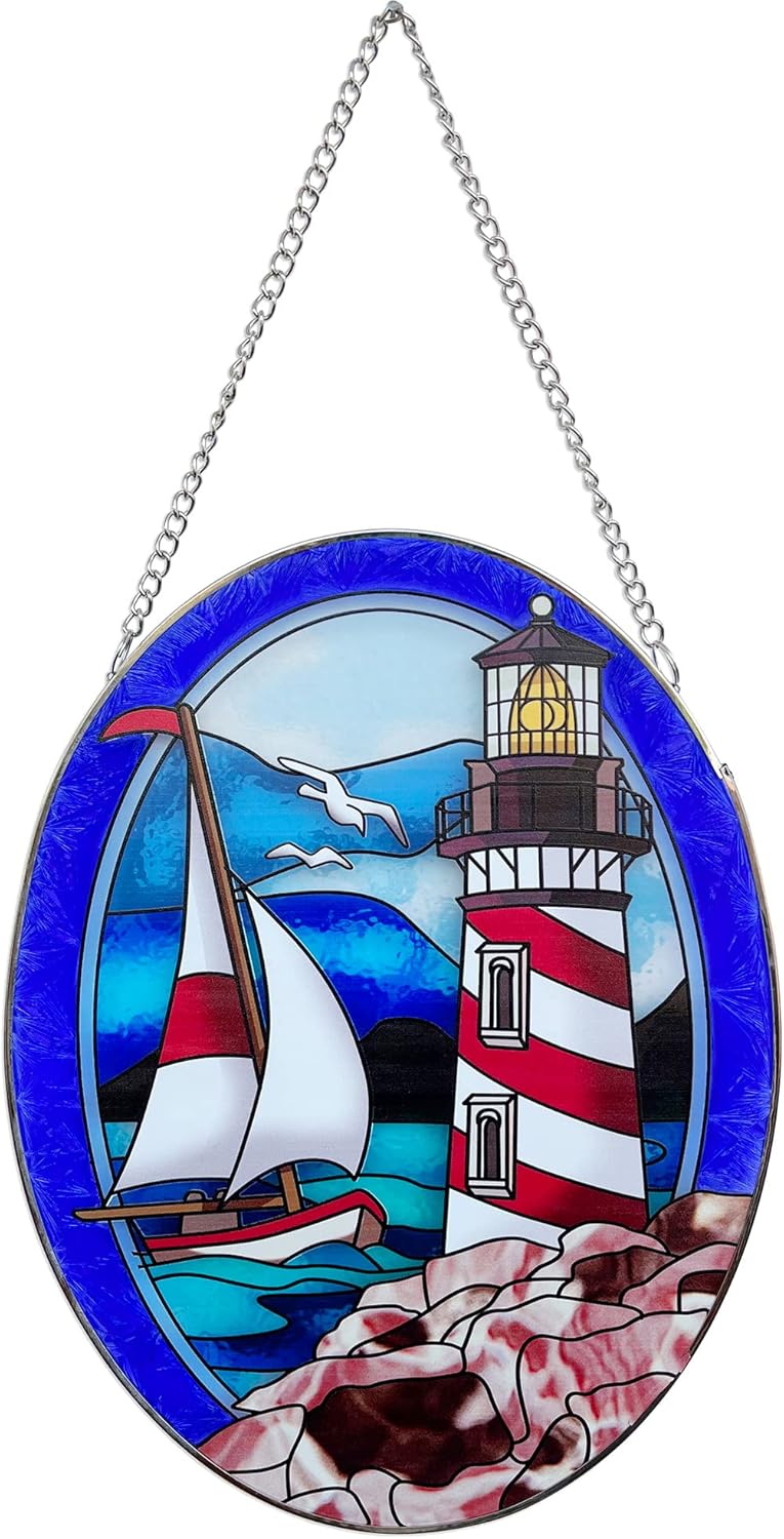 Pigeon Point Lighthouse Stained Glass Window Hanging, Suncatcher Home Decor with Chains, Suncatcher for Windows, Colorful Glass Ornament, Indoor Outdoor Home Decor Garden Decoration