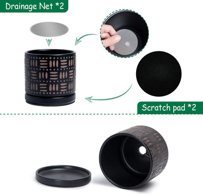 D'vine Dev Set of 2 Ceramic Planter Pots with Drainage Hole and Saucer, 4.5 Inch Plant Pots for Plants Indoor Houseplants, Black, 99-Z-F-2-V
