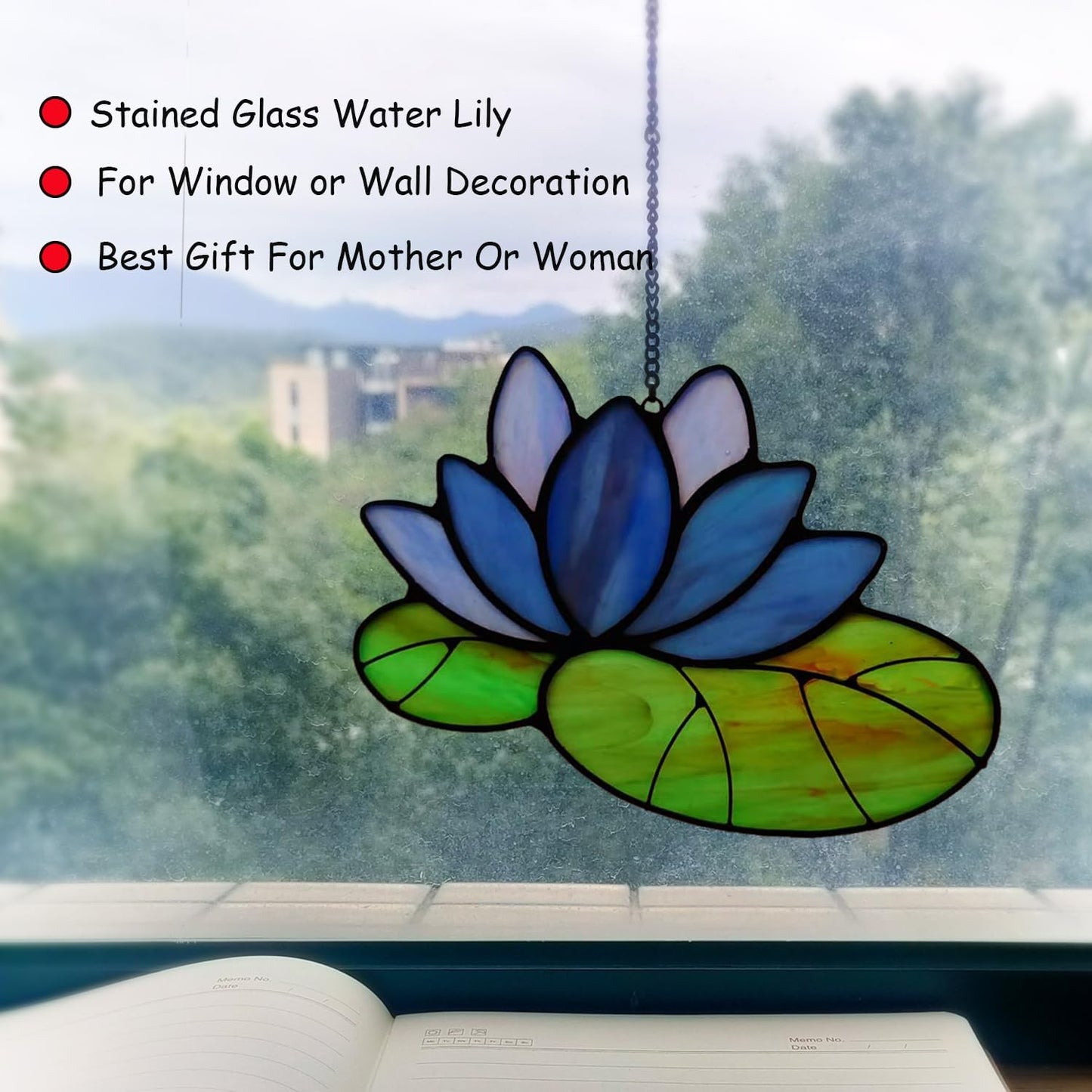 Stained Glass Lotus Flower Window Hanging Sun Catcher Holiday Decoration Window Panels Birthday Gifts for mom,Woman and Friends (Blue)