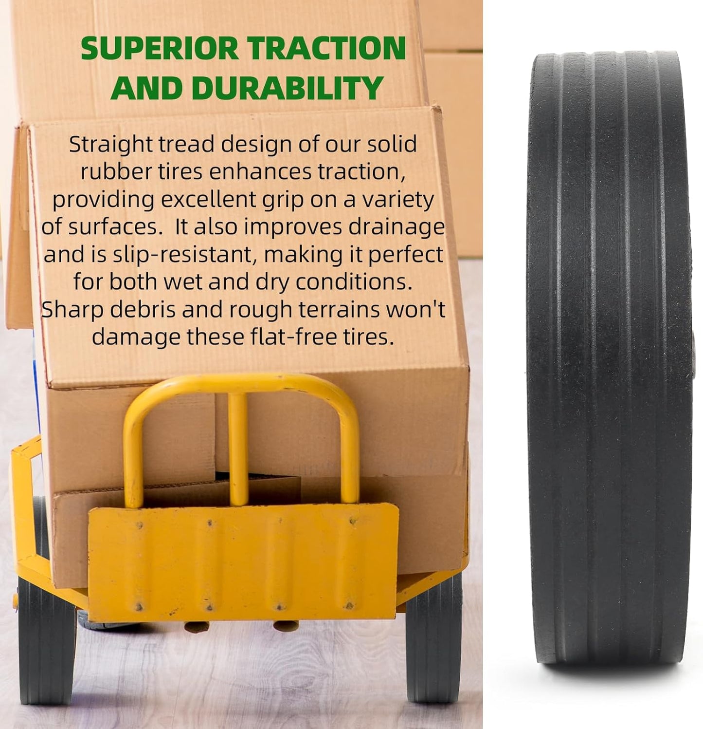 AR-PRO (2-Pack) 10"x2.2" Flat Free Solid Rubber Replacement Tires – 10 Inch Solid Wheels for Hand Trucks, Dollies, Utility Carts, and Wheelbarrows with 2.2" Offset and 5/8" Axle Hole
