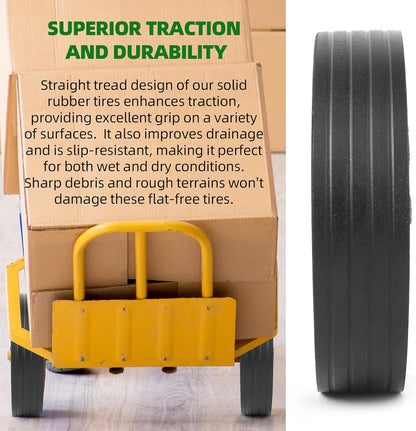 AR-PRO (2-Pack) 10"x2.2" Flat Free Solid Rubber Replacement Tires – 10 Inch Solid Wheels for Hand Trucks, Dollies, Utility Carts, and Wheelbarrows with 2.2" Offset and 5/8" Axle Hole