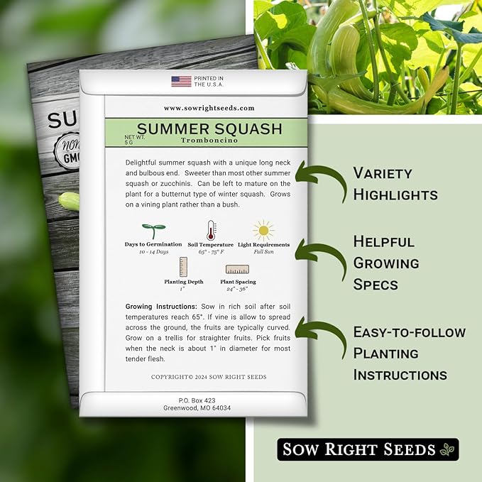 Sow Right Seeds - Tromboncino Rampicante Squash Seeds for Planting - Non-GMO Heirloom Packet with Instructions to Plant a Home Vegetable Garden - Grow Tasty Squash at Home, Great for Cooking