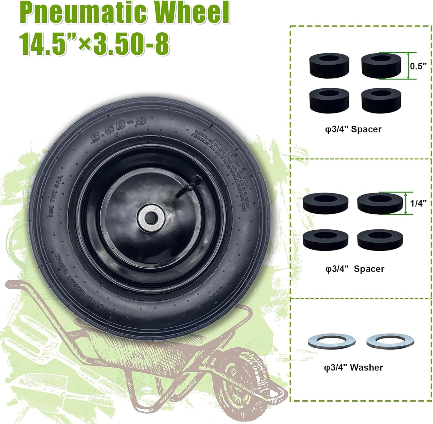 2-Pack 14.5-Inch Wheelbarrow Tire.3.50-8" Pneumatic Tires and wheels with 3"- 6" Center Hub and 3/4" Bushings for Wheelbarrow Lawn Mover Replacement.