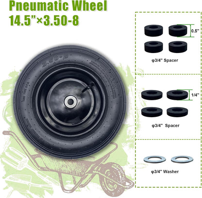 2-Pack 14.5-Inch Wheelbarrow Tire.3.50-8" Pneumatic Tires and wheels with 3"- 6" Center Hub and 3/4" Bushings for Wheelbarrow Lawn Mover Replacement.