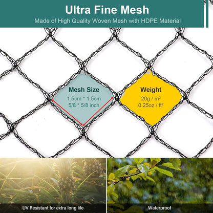 Bird Netting for Garden - 6.5 x 32.8 FT Heavy Duty Anti Bird Netting Mesh with Ties and Landscape Staples for Vegetable, Fruit Trees & Other Plants, Lasting Against Birds Deer Squirrels and Poultry