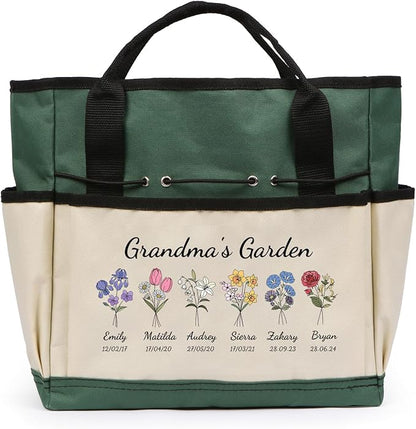 Personalized Garden Tools Set for Women: Custom Text Garden Tool Bag and Garden Shovel & Transplant Shovel & Hand Rake - Gardening Gifts for Mom Grandma Gardening Lover (6 Flowers)
