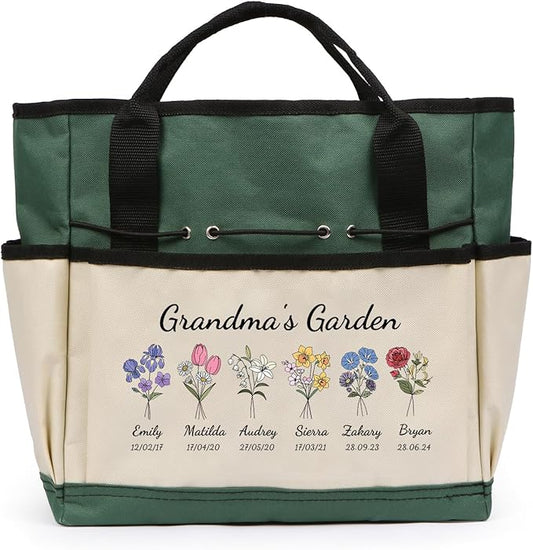 Personalized Garden Tools Set for Women: Custom Text Garden Tool Bag and Garden Shovel & Transplant Shovel & Hand Rake - Gardening Gifts for Mom Grandma Gardening Lover (6 Flowers)