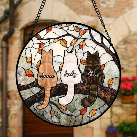 Custom Cat Portrait Stained Glass Window Hanging Light Catcher, Pet Memorial Stained Glass Photo