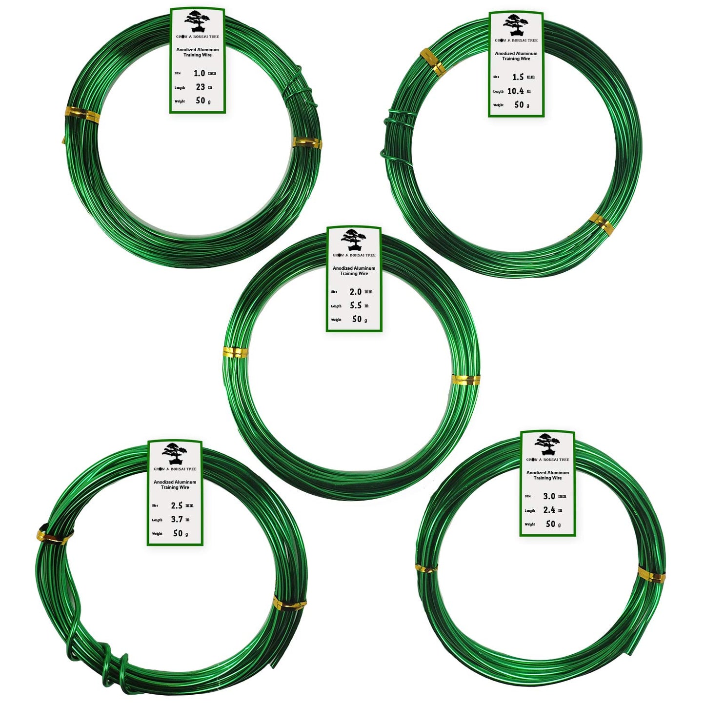 Aluminum Floral/Plant/Bonsai Tree Wire 5-Size Starter Set with Canvas Bag - 1.0mm, 1.5mm, 2.0mm, 2.5mm, 3.0mm (147 feet Total) - Choose Your Color (5 Sizes, Green)