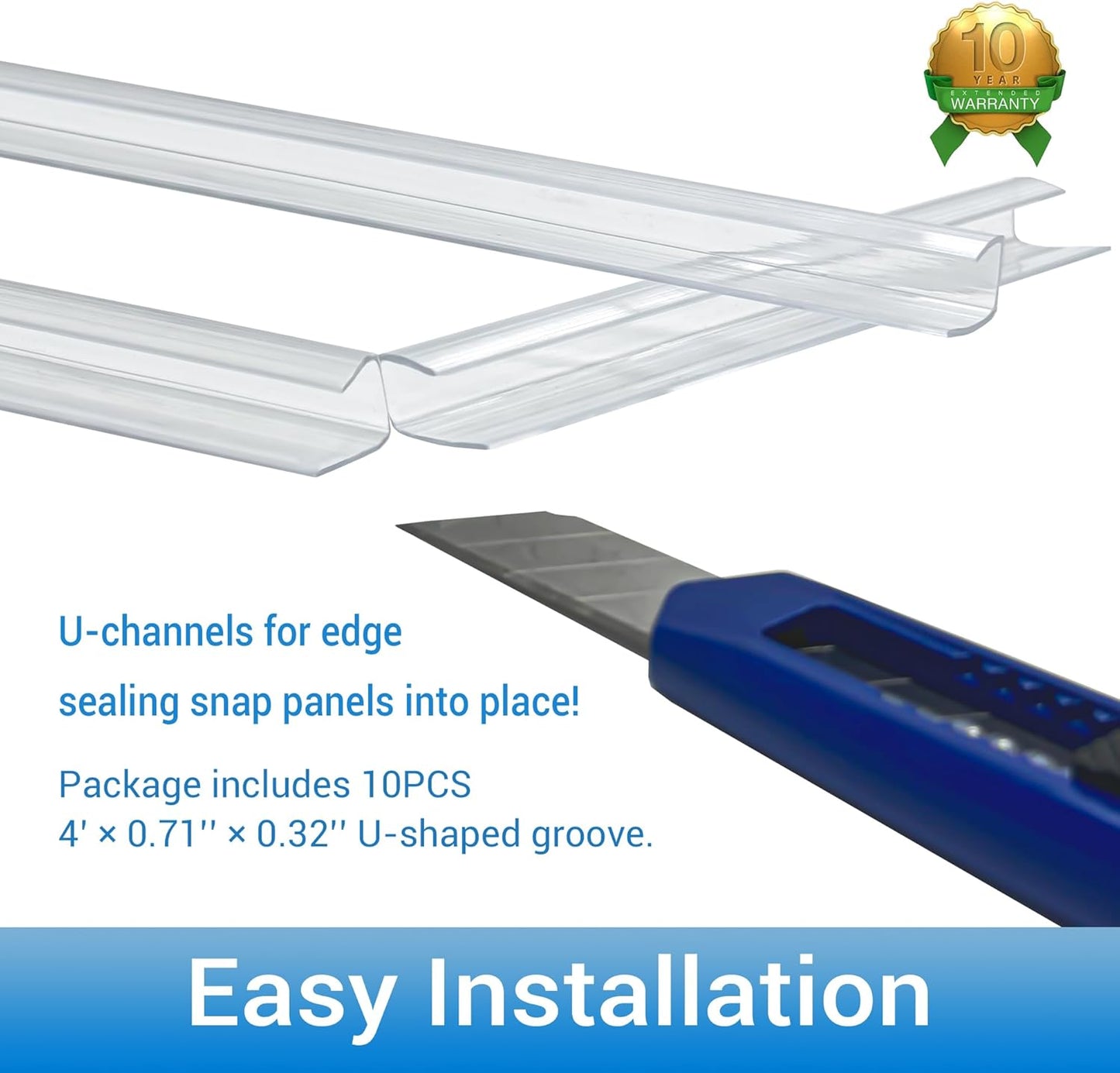 10 PCS Polycarbonate Greenhouse U Connector Profile 4ft Length Fits 0.24’’ & 0.32’’ Twin-Wall Polycarbonate Panels Duty Dust Rain & Moisture Protection Durabler (U-Clip 4' × 0.71’’ × 0.32’’)