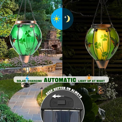 St Patricks Hot Air Balloon Solar Lantern - Patrick's Shamrock Glass Lantern, Simulated Flickering & Dancing Flame, Outdoor Hummingbird Hanging Yard Light for Patio Porch Decor Irish Clover Gift
