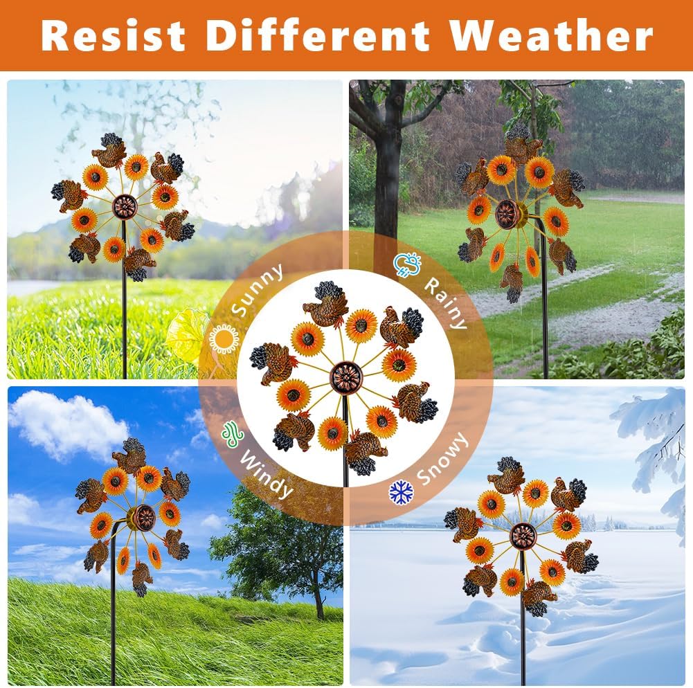 VEWOGARDEN 2PCS Wind Spinners Outdoor, Metal Wind Spinners with Sunflower and Hen Design for Yard Garden Lawn Thanksgiving Decorations