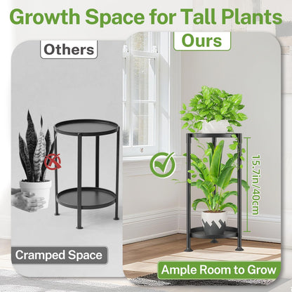 iDavosic.ly 2 Tier Plant Stand Indoor with 10 Inch Wide Tray, Vertical Corner Metal Outdoor Flower Display Holder Shelf, Folding Tall Rack for Patio Porch Living Room, Modern Black