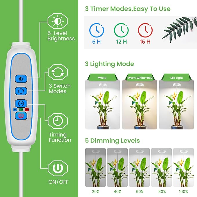 Grow Light, 80 LEDs Full Spectrum Plant Light for Indoor Plants, Height Adjustable 10"-65" Growing Lamp with Auto Timer for 6/12/16Hrs,3 Optional Spectrums,5 Brightness, 1 Pack