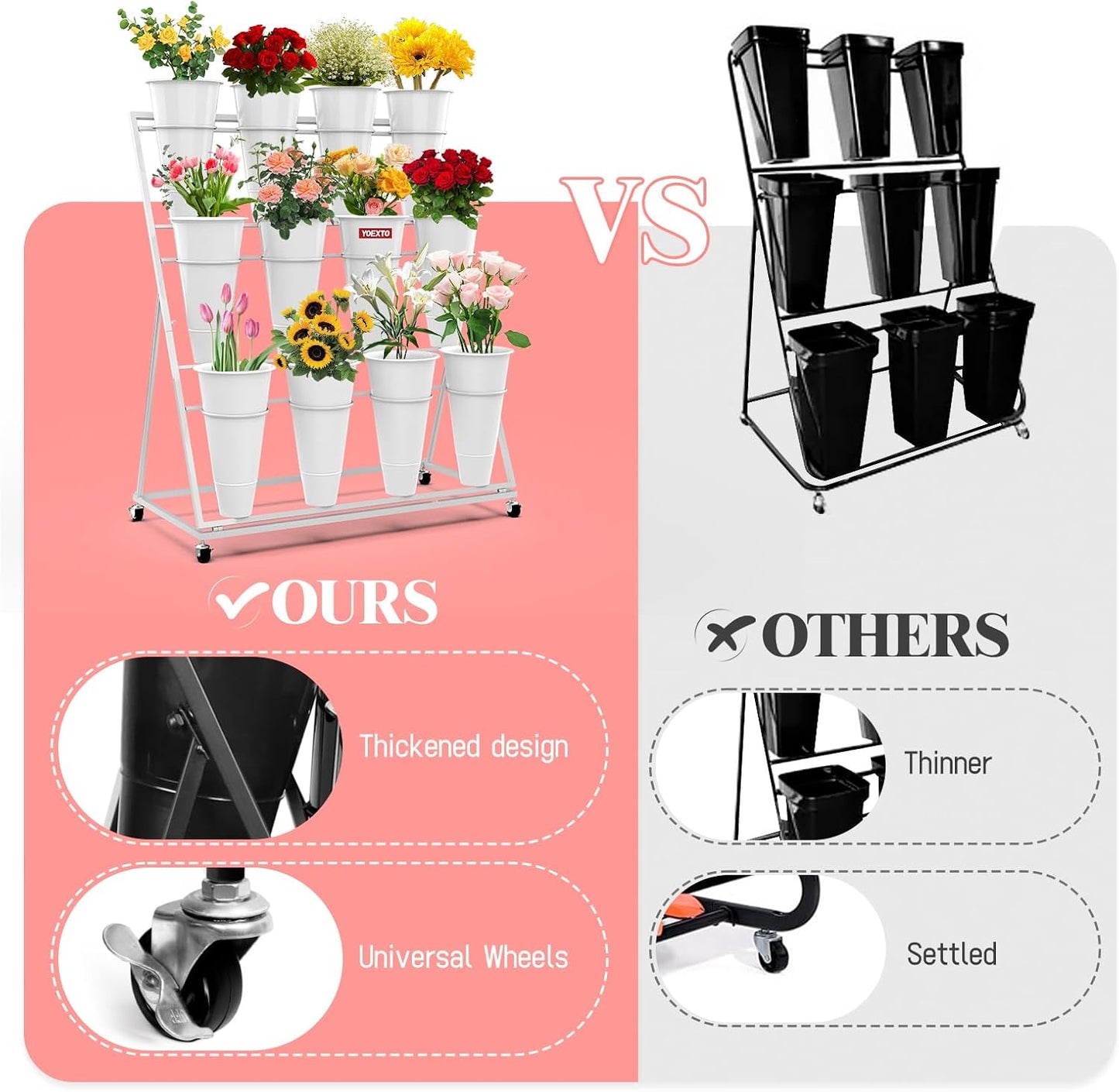 Flower Display Stand with Buckets, 3-Layers 12 PCS Buckets Plant Stand with Wheels, Movable Metal Plant Stand for Terrace Garden, Living Room, Florist Shop (White Frame - White Buckets, 3-Tier)