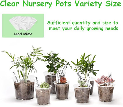 60 Pack 3.5/4/5 Inch Clear Nursery Pots with Drainage Holes, Transparent Plastic Pots for Plants, Reinforced Seed Starter Pots Garden Pots Flower Pots Come with 50pcs Plant Labels