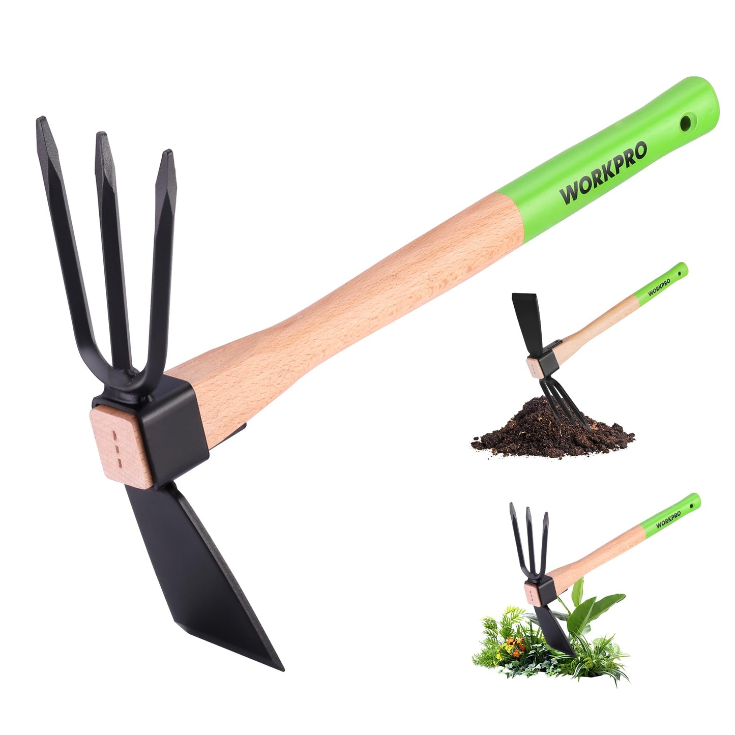WORKPRO Hoe and Cultivator Garden Rake with 14" Wooden Handle