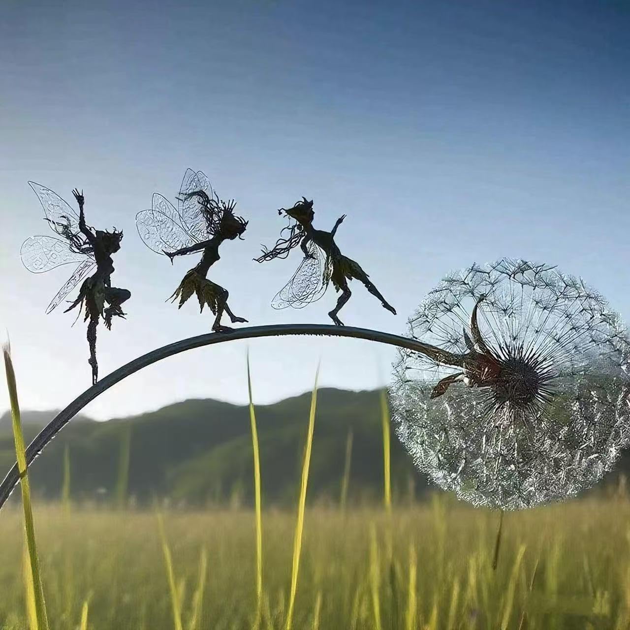 Flower Fairy Dancing with Dandelion, Art Sculpture Fairies for Fairy Garden, Angel Metal Ornaments Gardens Art Sculpture, Outdoor Decorations for The Courtyard, Christmas and Halloween Lawn (D)