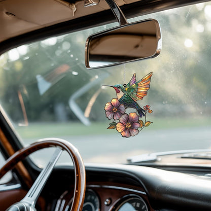 Flower and Hummingbird Acrylic Suncatcher Stained Glass Effect Window Car Hanging Christmas Ornament Indoor Outdoor Decor Garden Sun Catcher Panel for Bird Lover for Women Mom Grandma