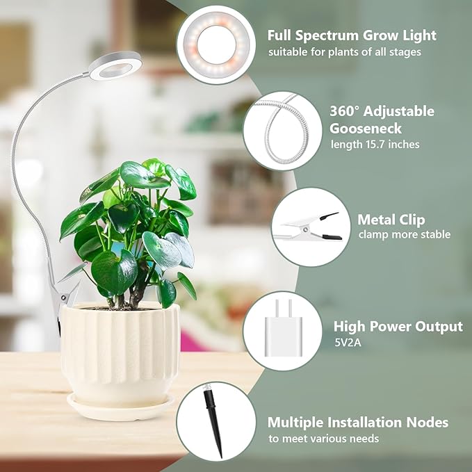 Plant Light Clip on 2 Pack, 6000K White Full Spectrum Plant Lights for Indoor Growing, Halo Grow Lamp with 360° Gooseneck, 6/12/16H Timer, 3 Light Modes, 5 Level Dimmable
